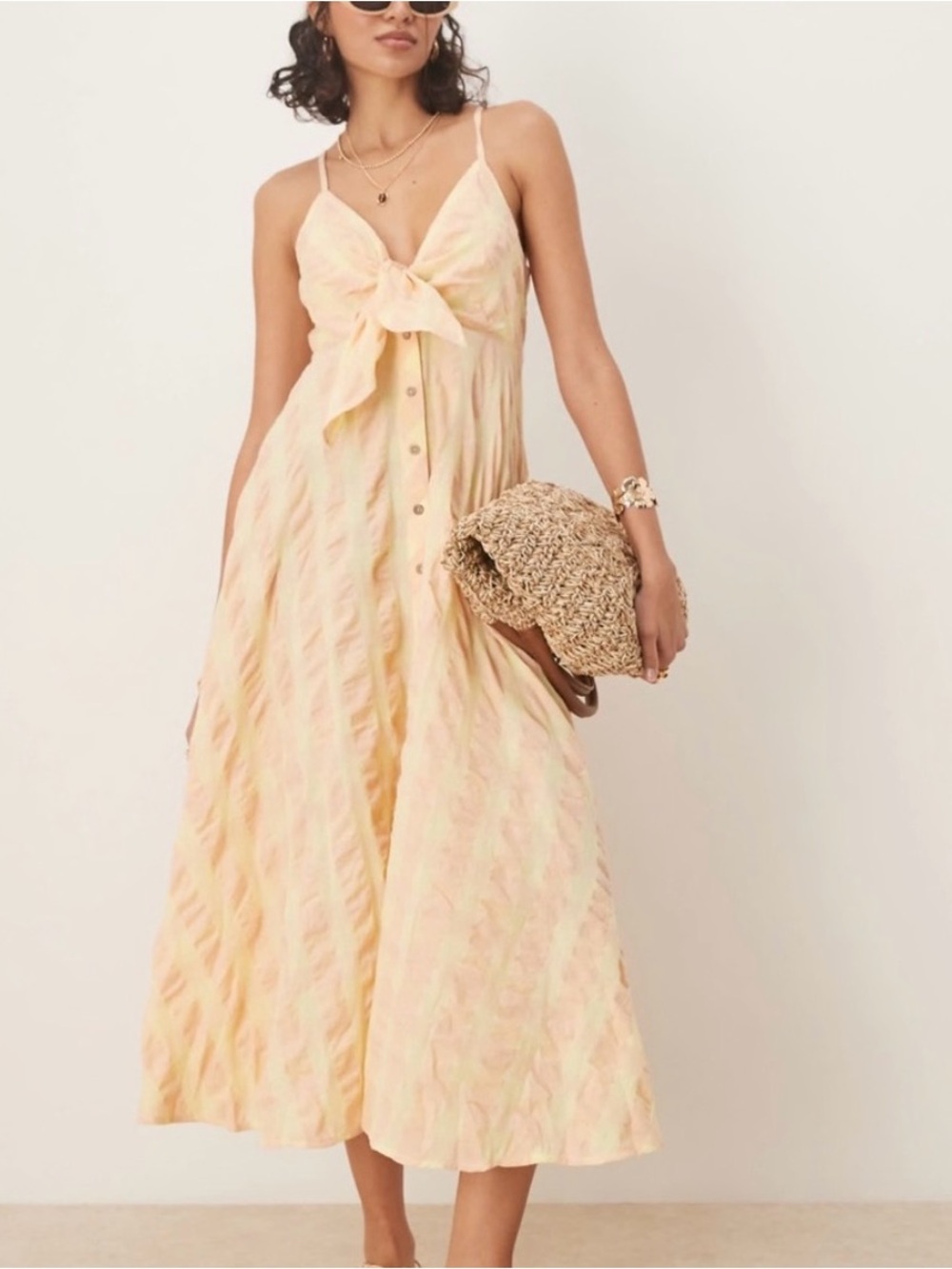 Free People Pastel Peach Tie-Front Spaghetti Strap Midi Dress